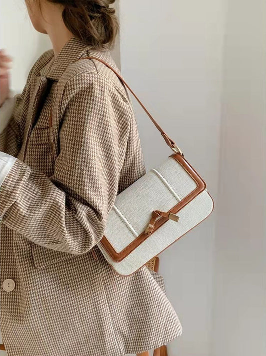 White and Brown Colorblock Baguette Bag | Art in Aging