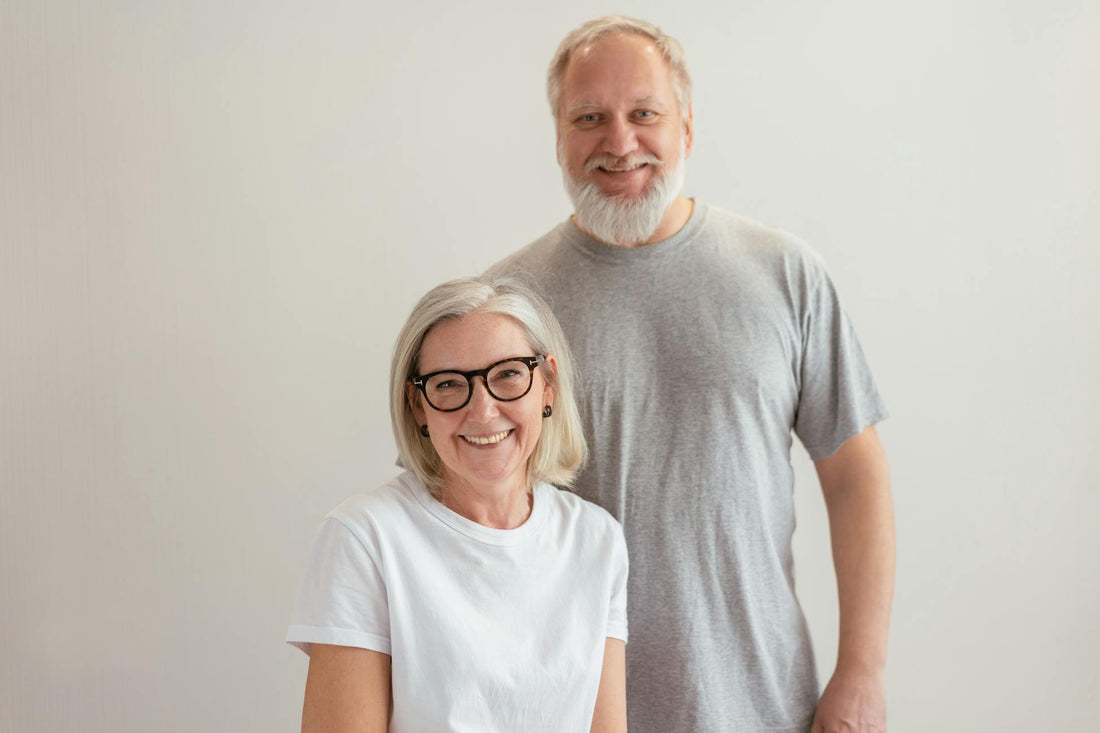 Silver-haired woman in a t-shirt