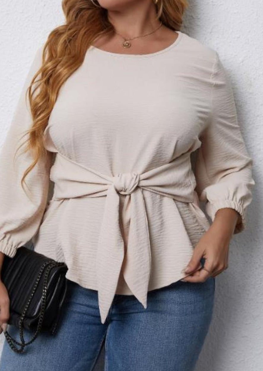 Plus Size Apricot Round Neck Regular Sleeve Tie Waist Blouse | Art in Aging