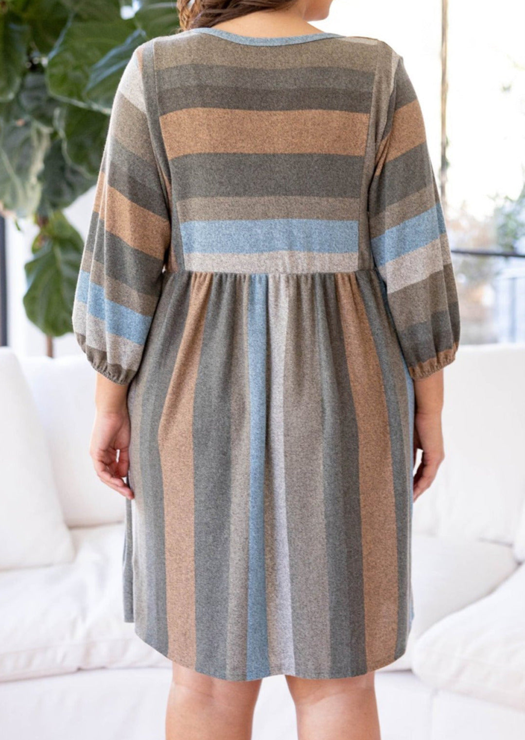 Stripe Plus Size 3/4 Sleeves Striped Print Empire Waist Dress | Art in Aging