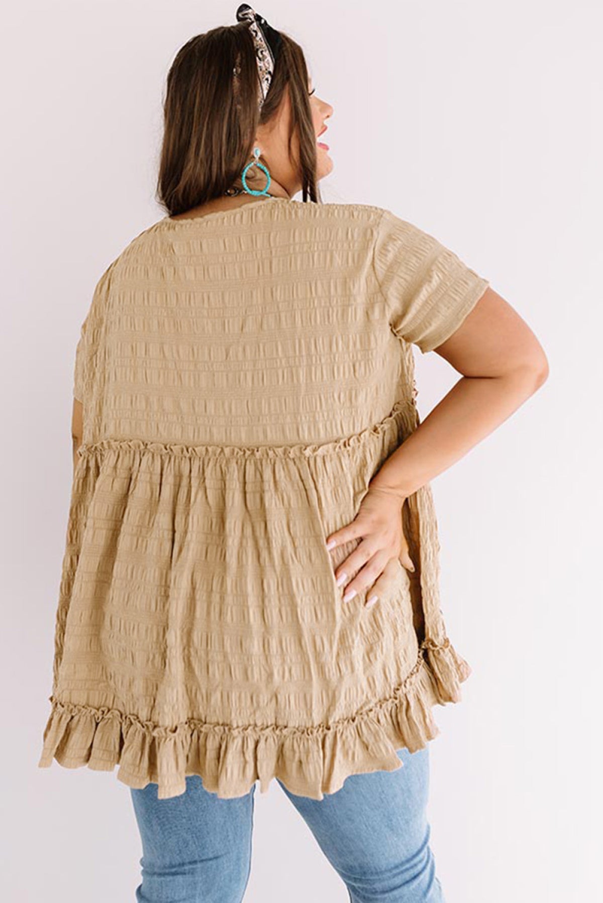 Plus Size Crinkle Textured Ruffle Trim Top | Art in Aging