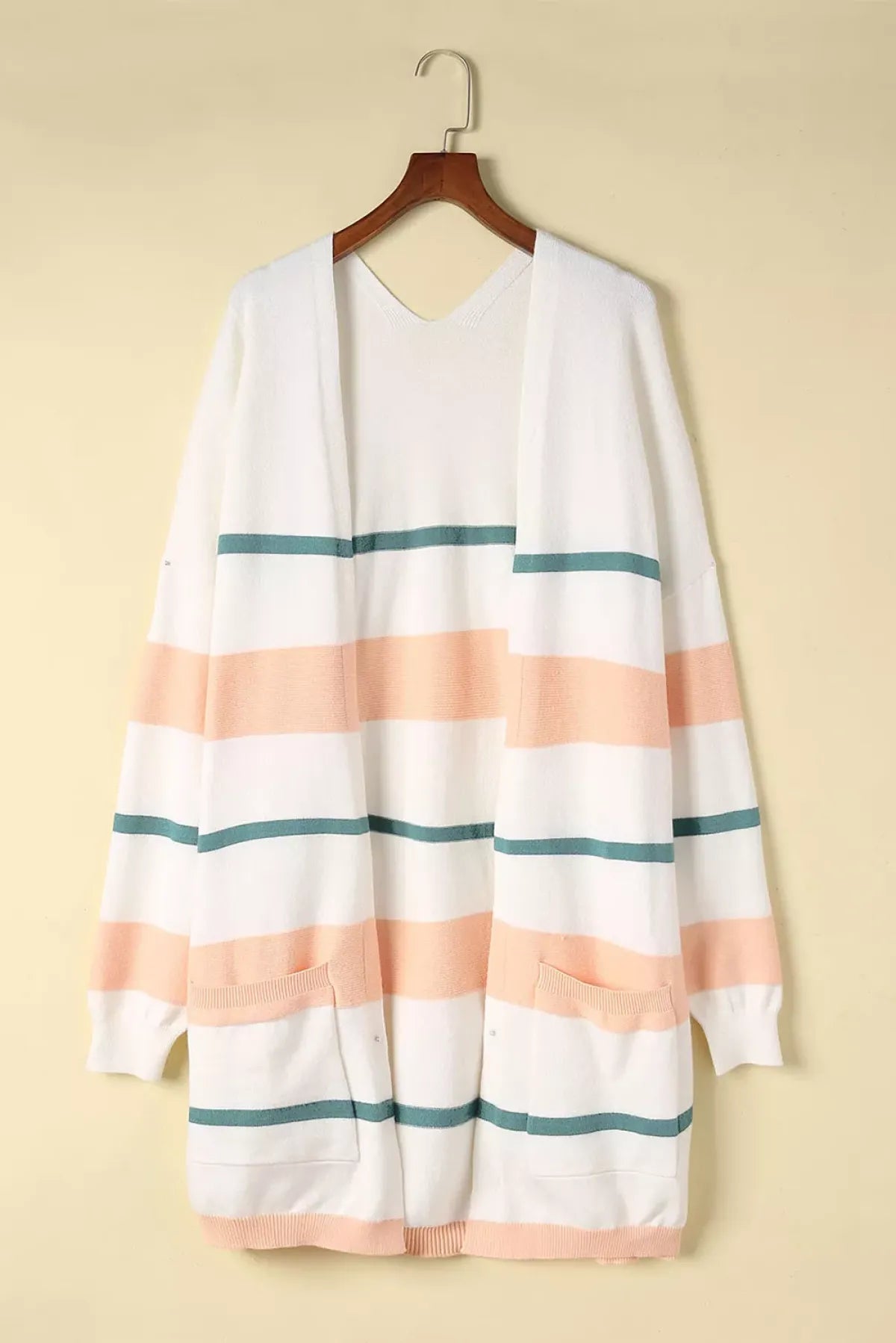 White Striped Knit Side Pockets Plus Size Cardigan | Art in Aging