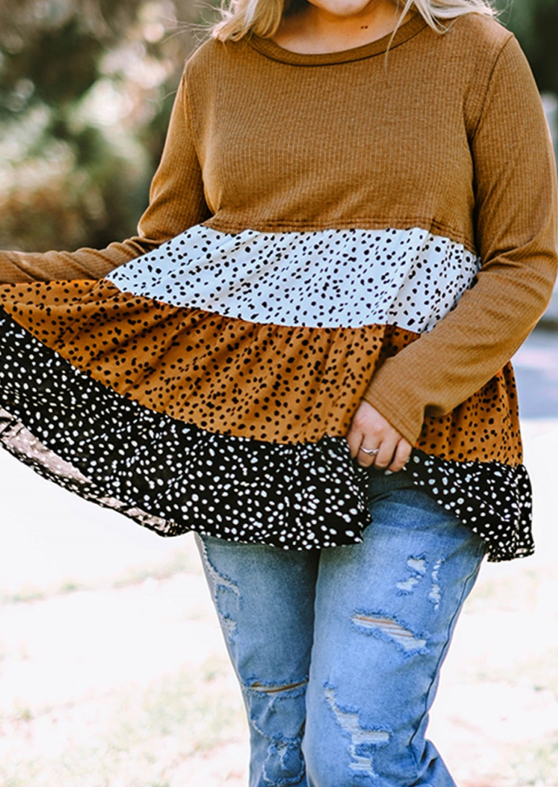 Plus Size Knit Dotted Print Tiered Top With Ruffle | Art in Aging