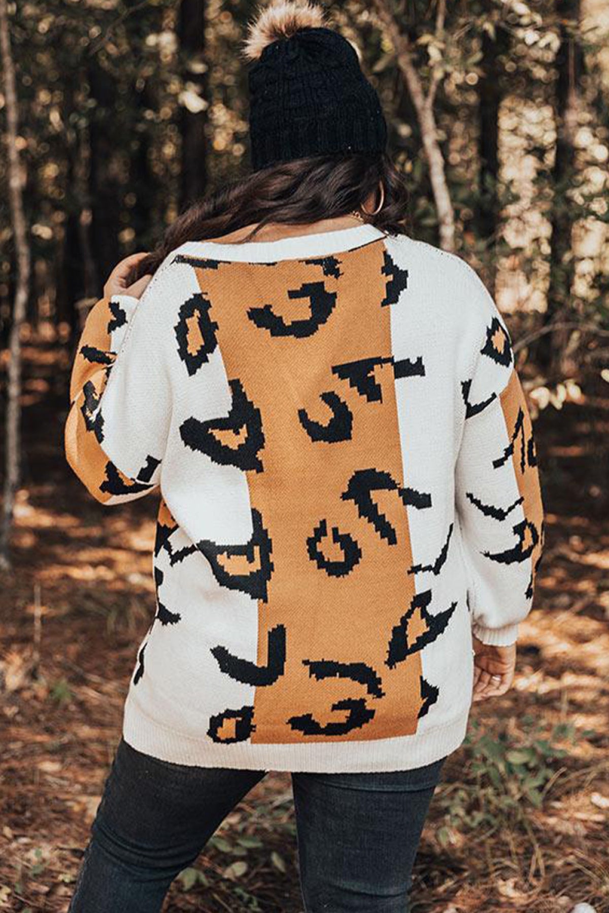 Leopard Print Colorblock Drop Shoulder Plus Size Sweater | Art in Aging