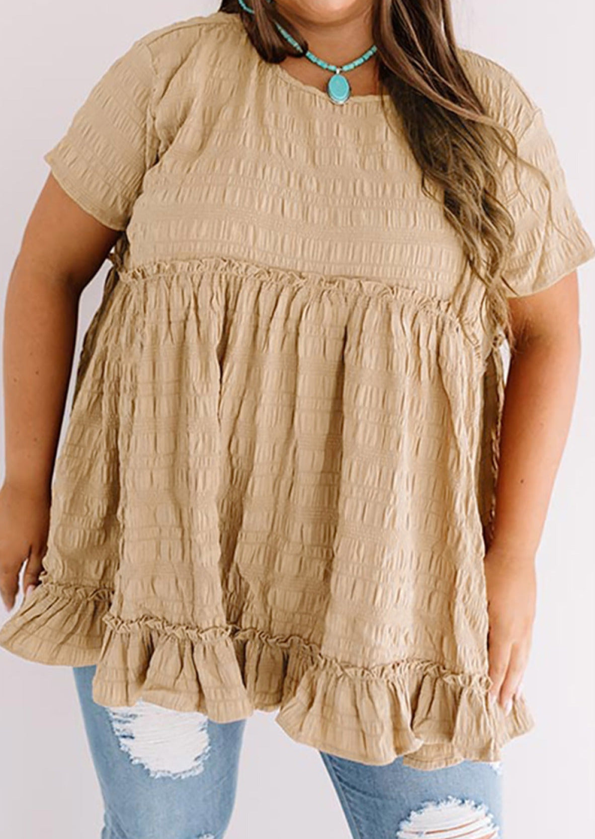 Plus Size Crinkle Textured Ruffle Trim Top | Art in Aging