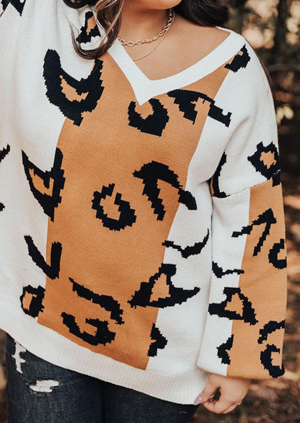 Leopard Print Colorblock Drop Shoulder Plus Size Sweater | Art in Aging